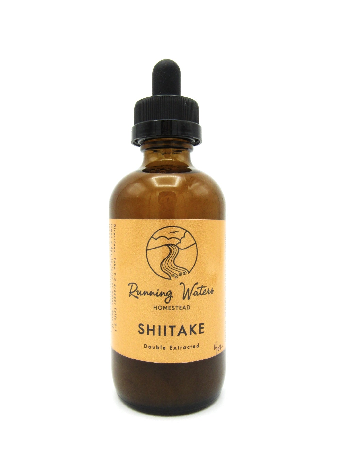 A bottle of Running Water Homestead Shiitake mushroom tincture with a dropper, labeled and against a white background.