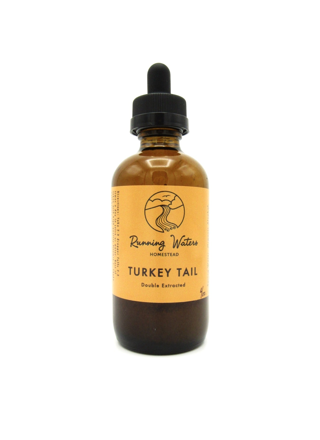 A bottle of Double Extracted Turkey Tail Mushroom Tincture with a dropper, labeled with the brand Running Water and the product name Turkey Tail.