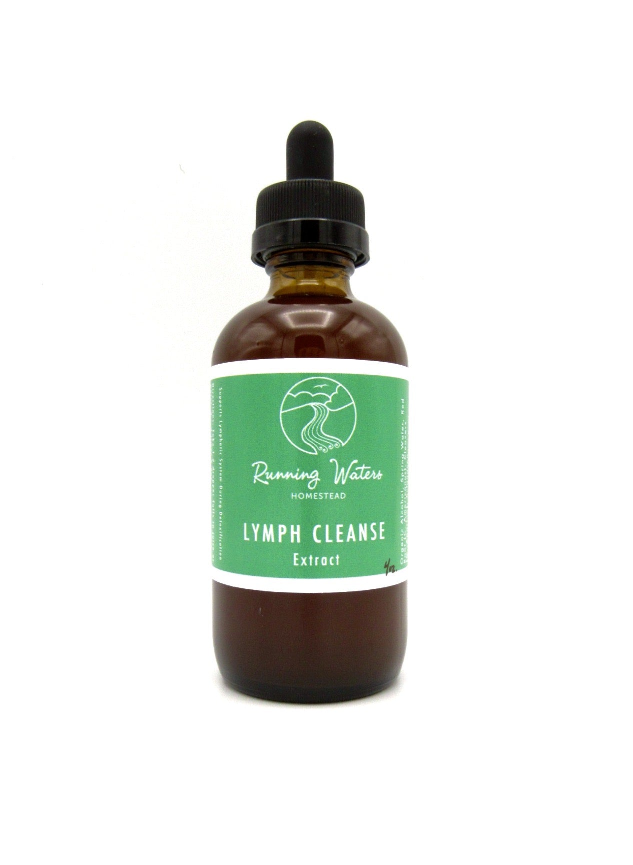 A bottle of Lymph Cleanse Extract by Running Water, used for detoxification and drainage, containing 4oz of liquid.