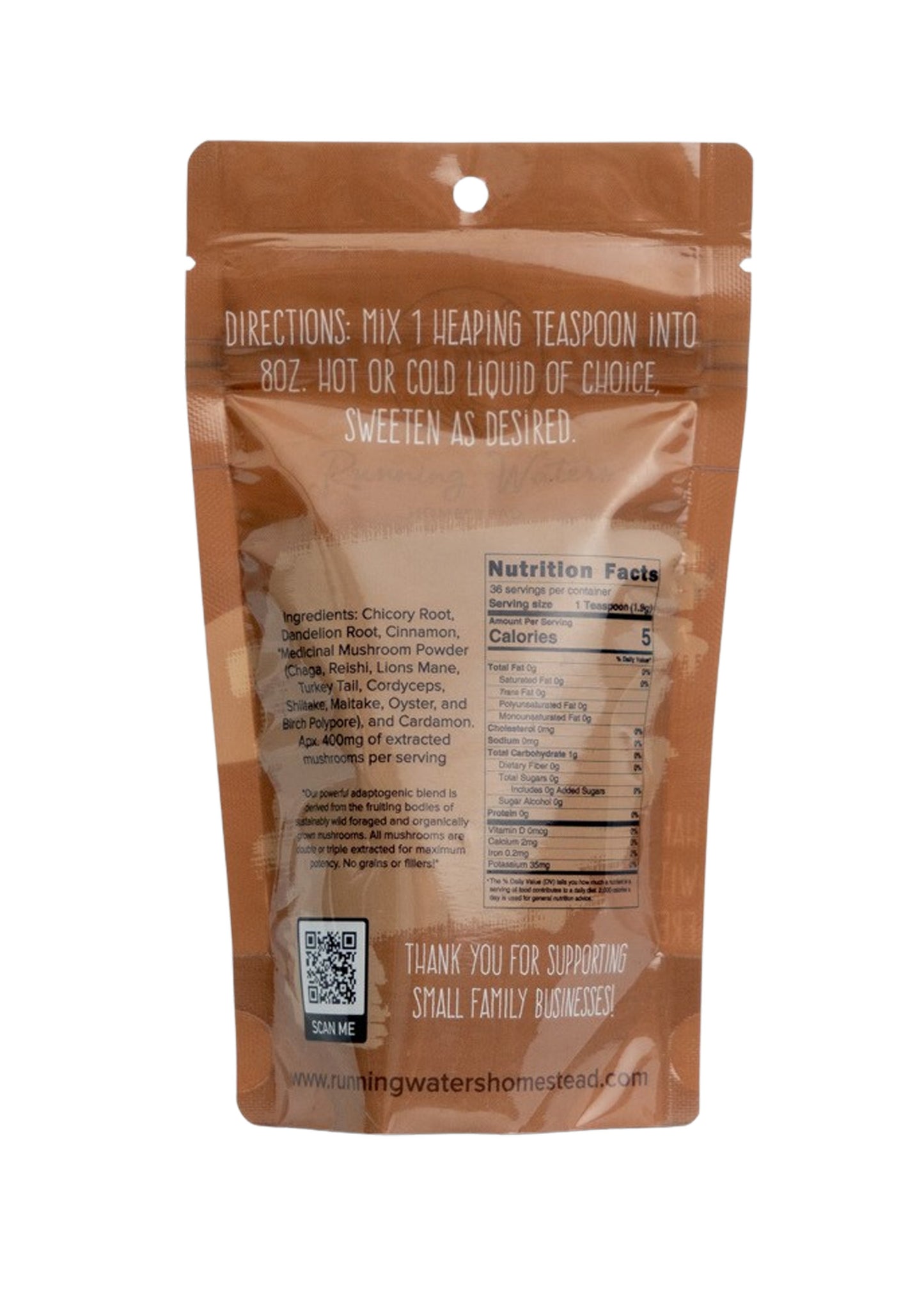 Back view of a brown package with text and nutrition label on a white background