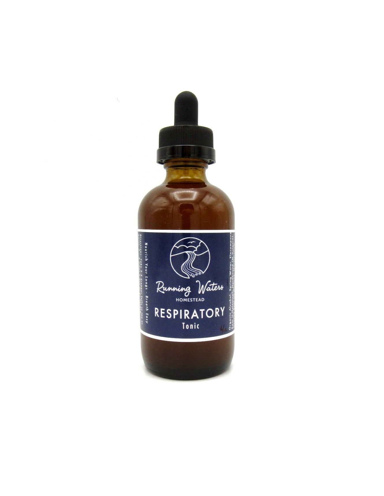 A bottle of Respiratory Tonic labeled as a tincture for lung health with a dropper, containing a brown liquid.
