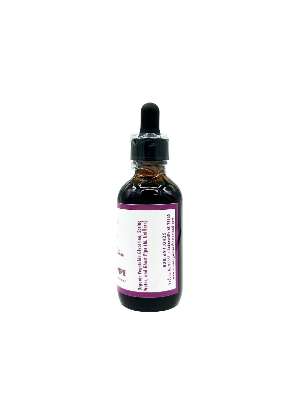A small amber glass dropper bottle with a black rubber-and-plastic dropper top and a white label featuring a purple border and purple text, centered on a plain white background.