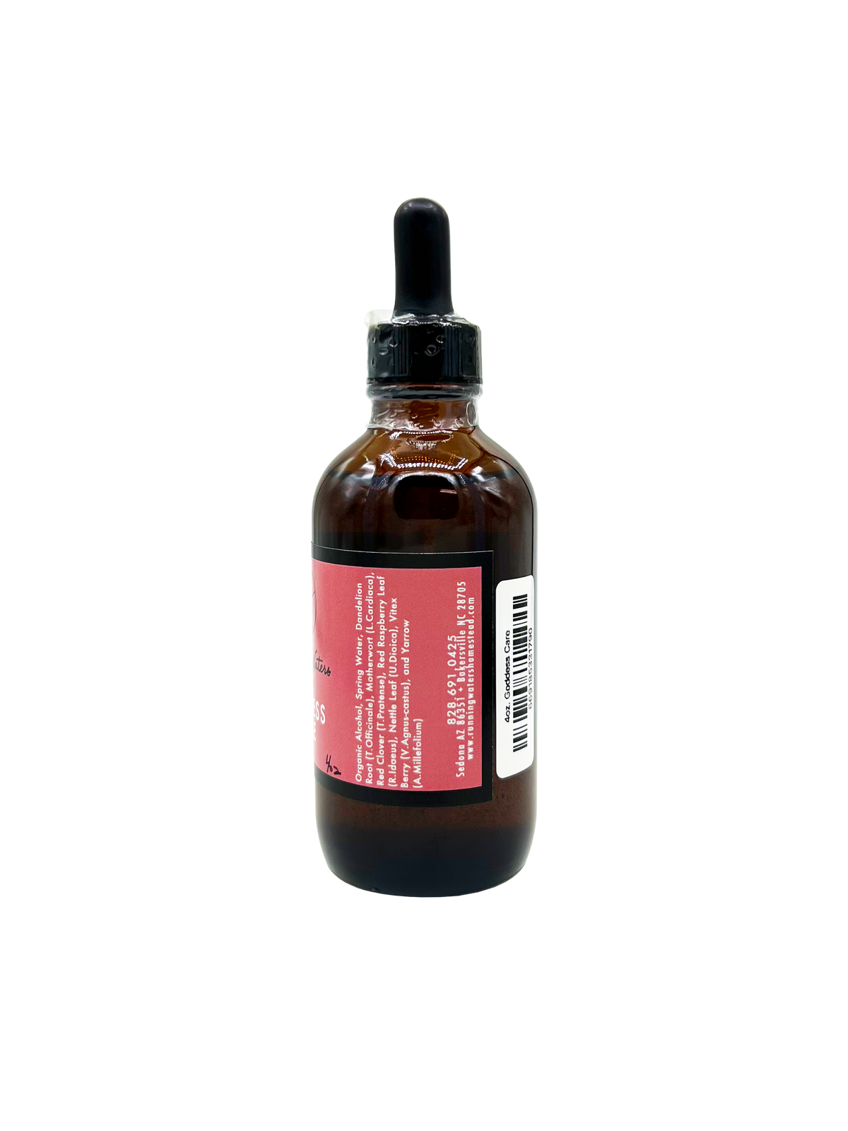 An amber glass dropper bottle with a black cap and a pink label, shown against a plain white background.