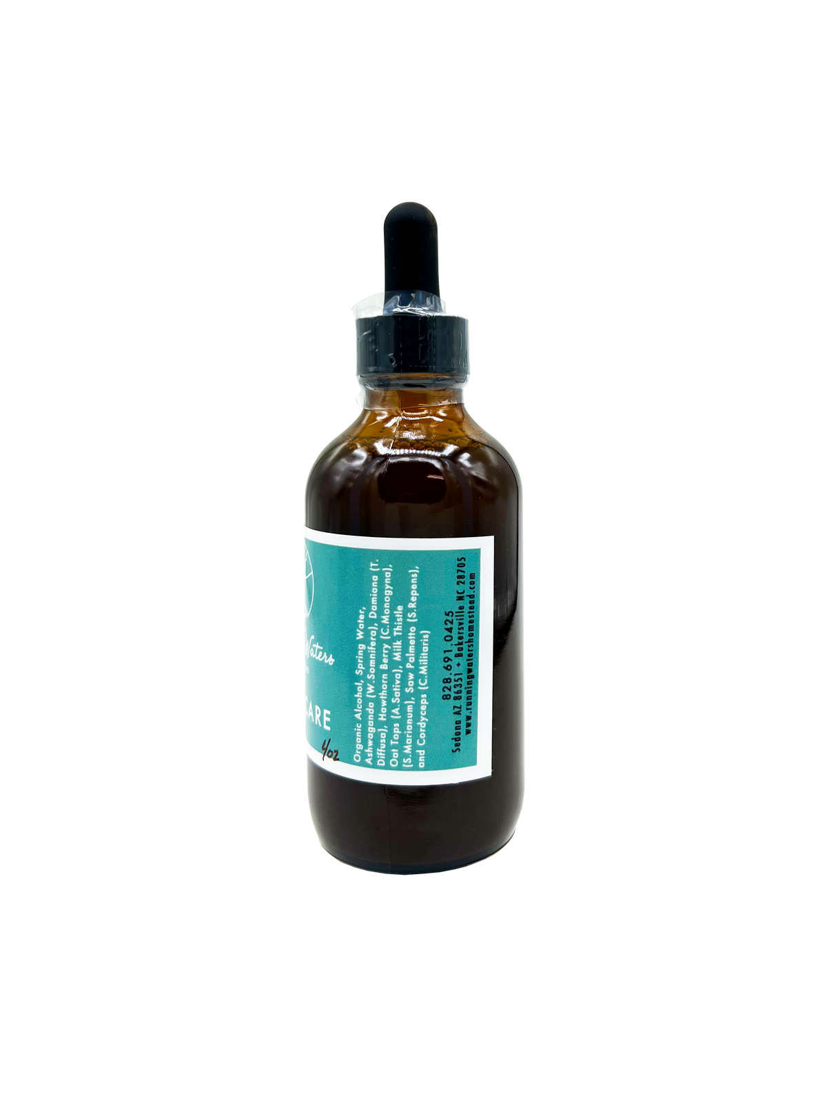 An amber glass dropper bottle with a black rubber bulb top and a teal label, shown on a plain white background.