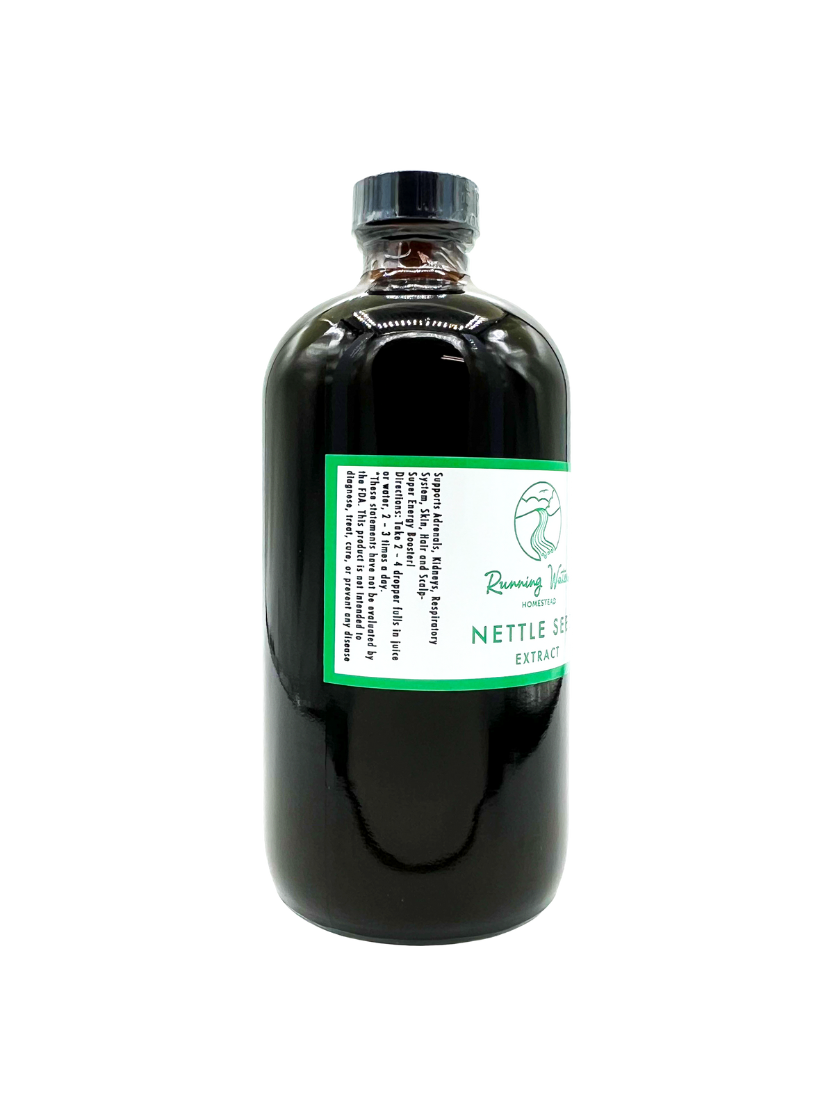 A dark glass bottle of Running Water Herbs Nettle Leaf Extract with a black cap and a white label with green borders, set against a plain white background.