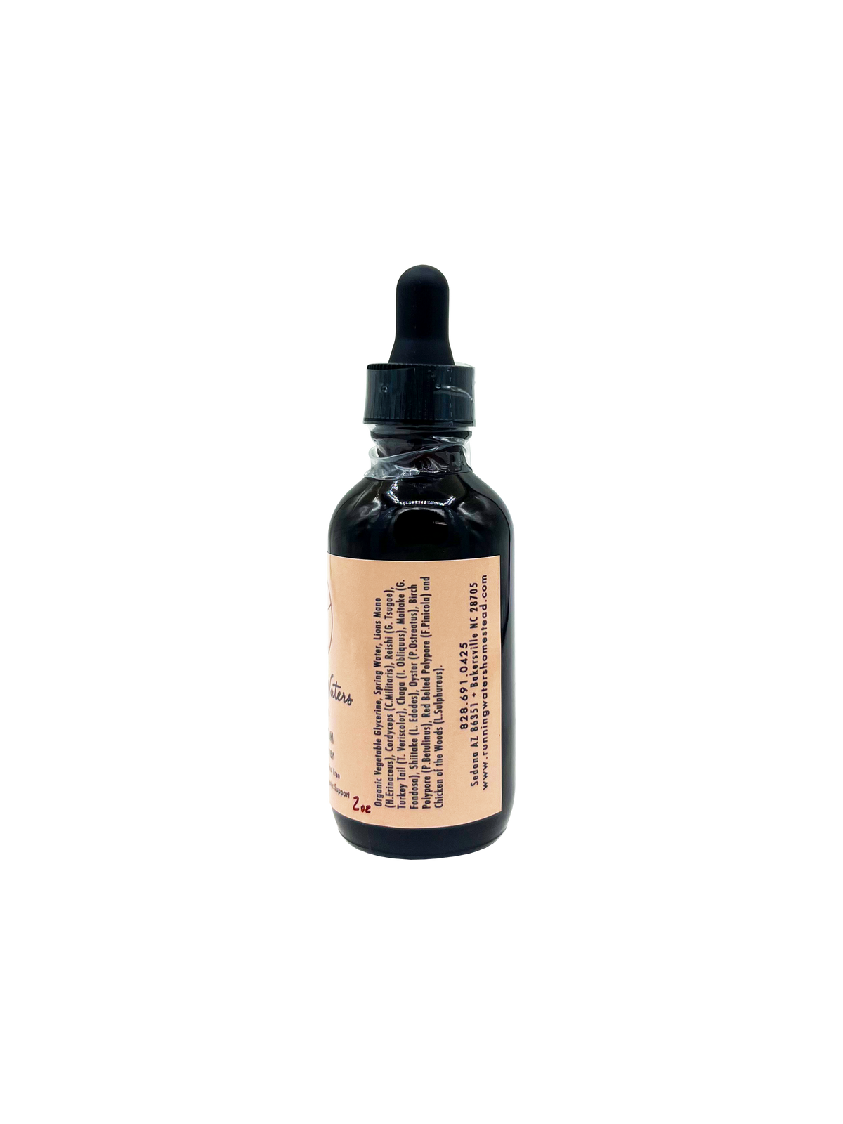 An amber glass dropper bottle with a black dropper cap and a beige label, shown against a plain white background.