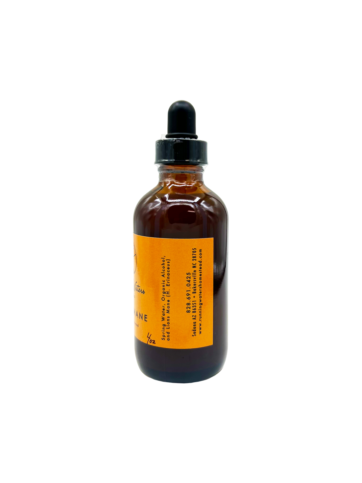 An amber glass dropper bottle with a black cap and a bright orange label, shown against a plain white background.