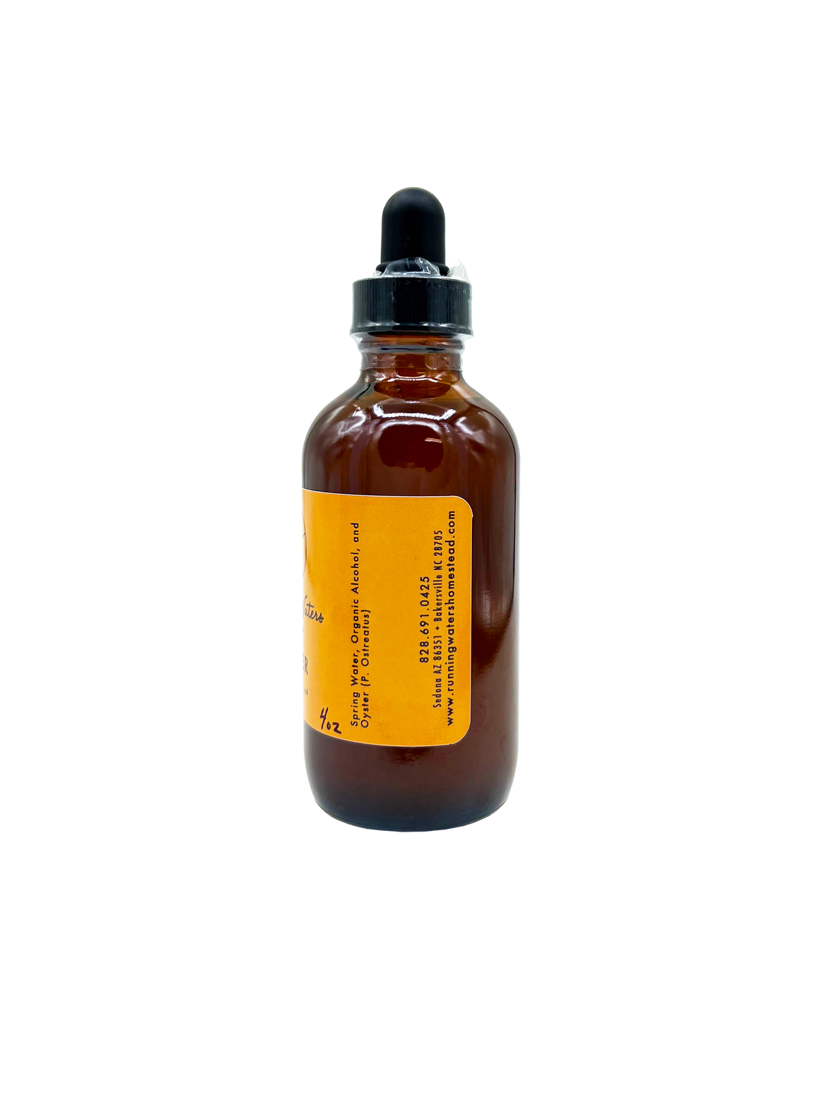 An amber glass dropper bottle with a black rubber bulb top and a bright orange label, shown against a plain white background.