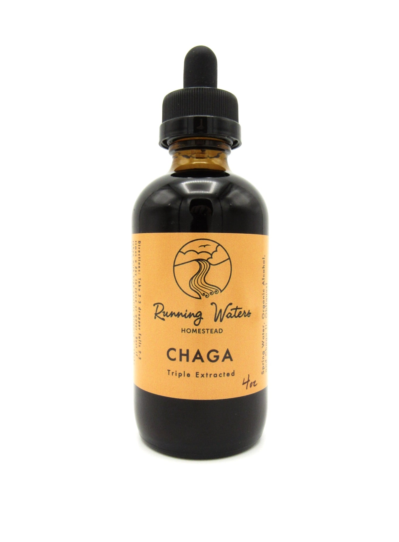 A bottle of Triple Extracted Chaga Mushroom Tincture with a label that includes the brand name and the product name.