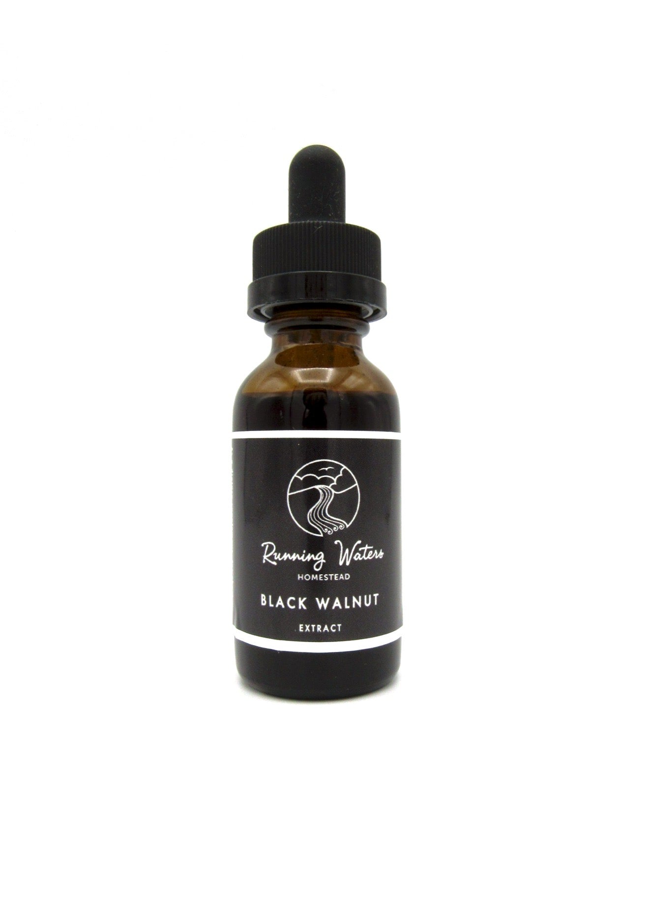 A bottle of Black Walnut Extract with a dropper, labeled with the brand Running Water and the product name clearly visible.