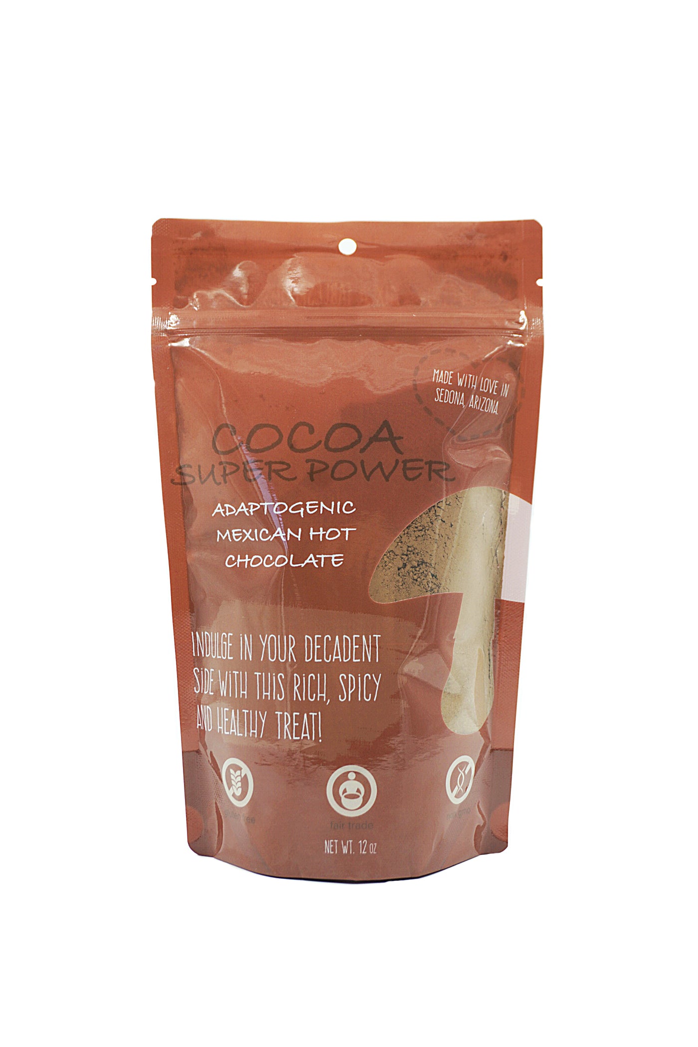 Cocoa Super Power Mexican hot chocolate package on a white background