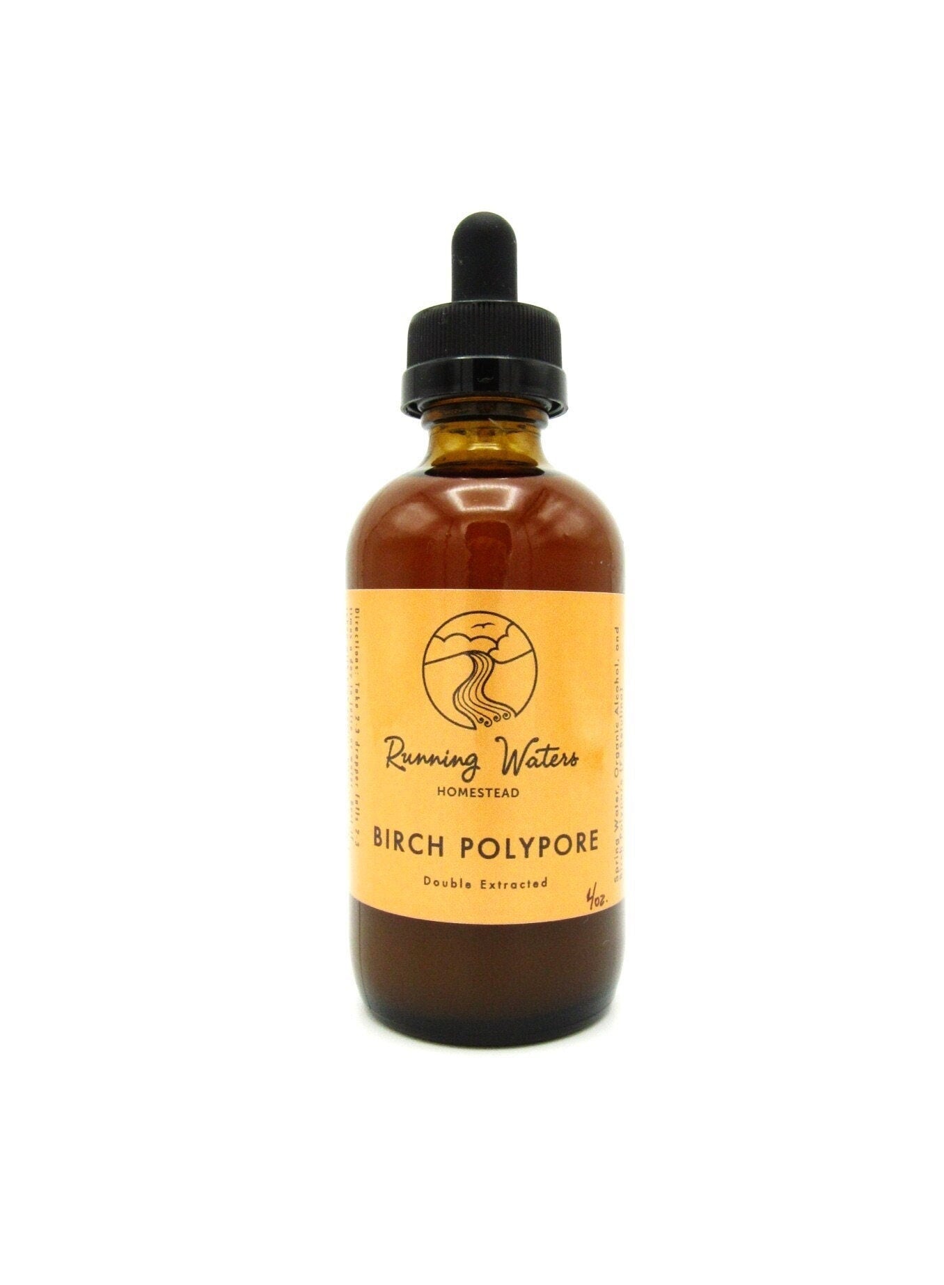A bottle of Double Extracted Birch Polypore Mushroom Tincture with a dropper, labeled with the brand 'Rising Water' and the product name 'Birch Polypore'.