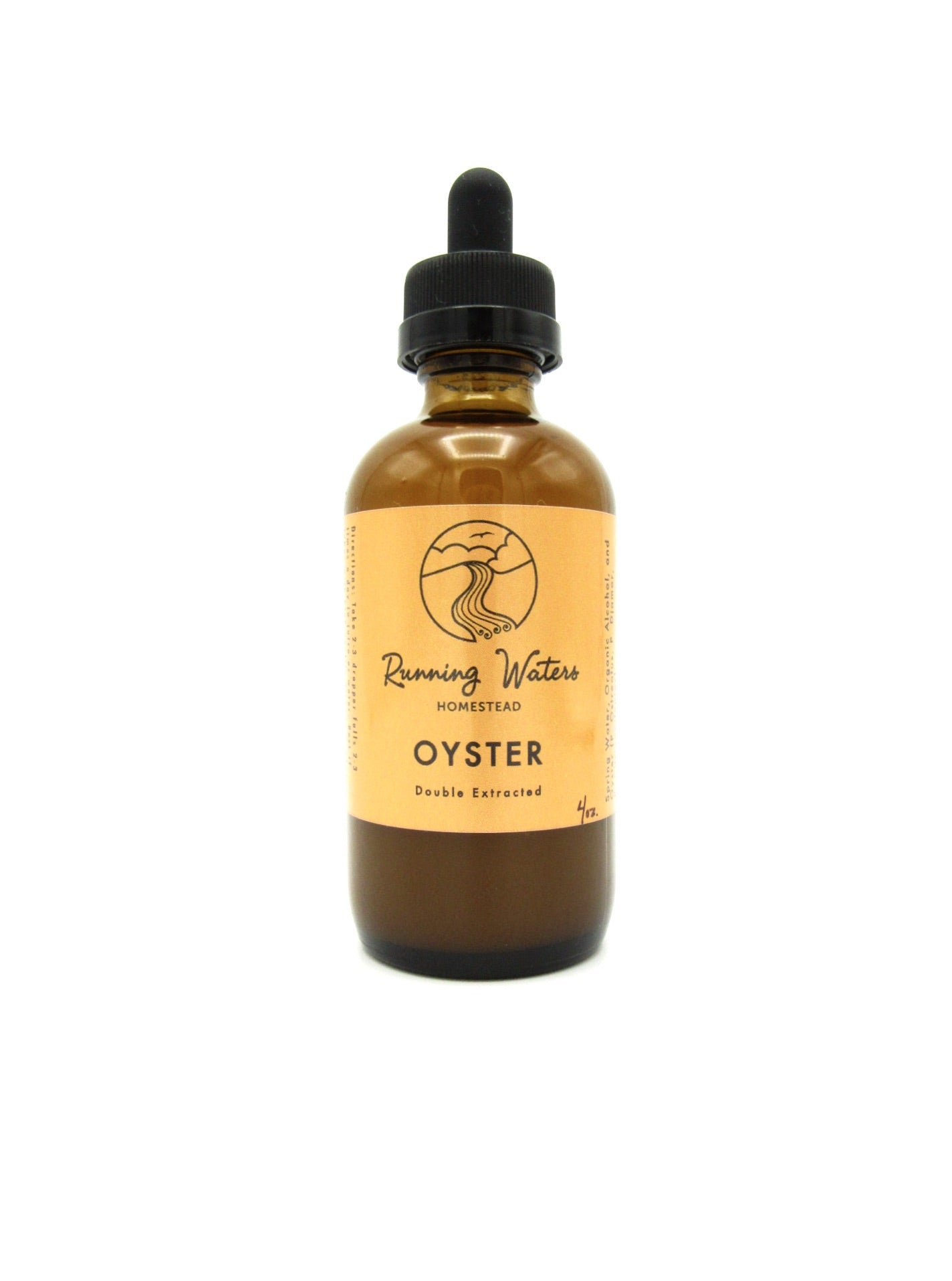 A bottle of Double Extracted Oyster Mushroom Tincture with a dropper, labeled with the brand Running Waters and the product name Oyster.