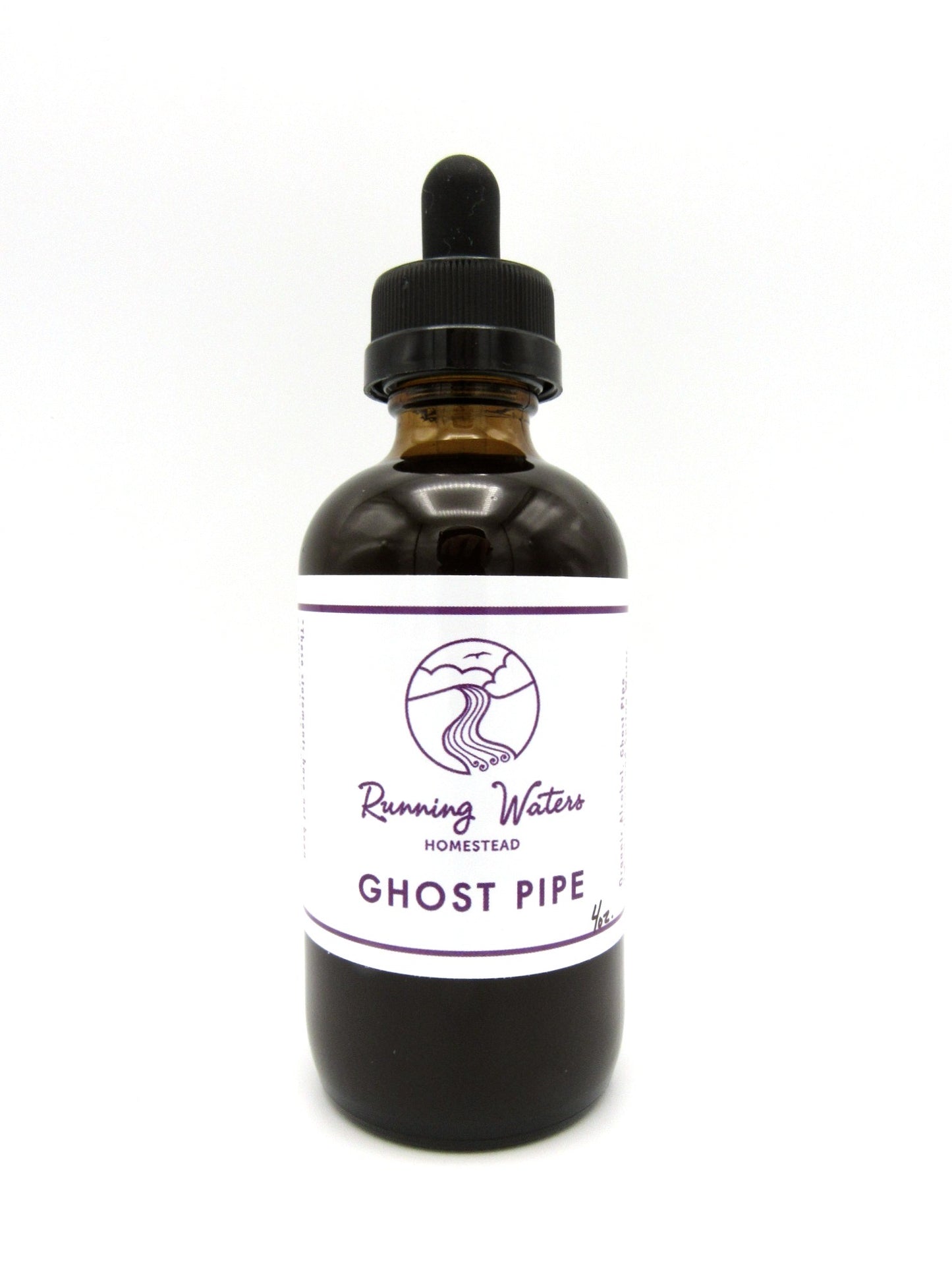 A bottle of Ghost Pipe tincture with a black dropper, labeled with the brand Running Water and the product name Ghost Pipe.