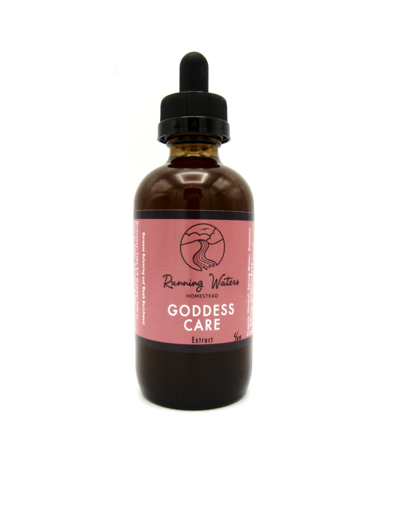 A tincture bottle labeled 'Goddess Care' with a dropper, set against a white background.
