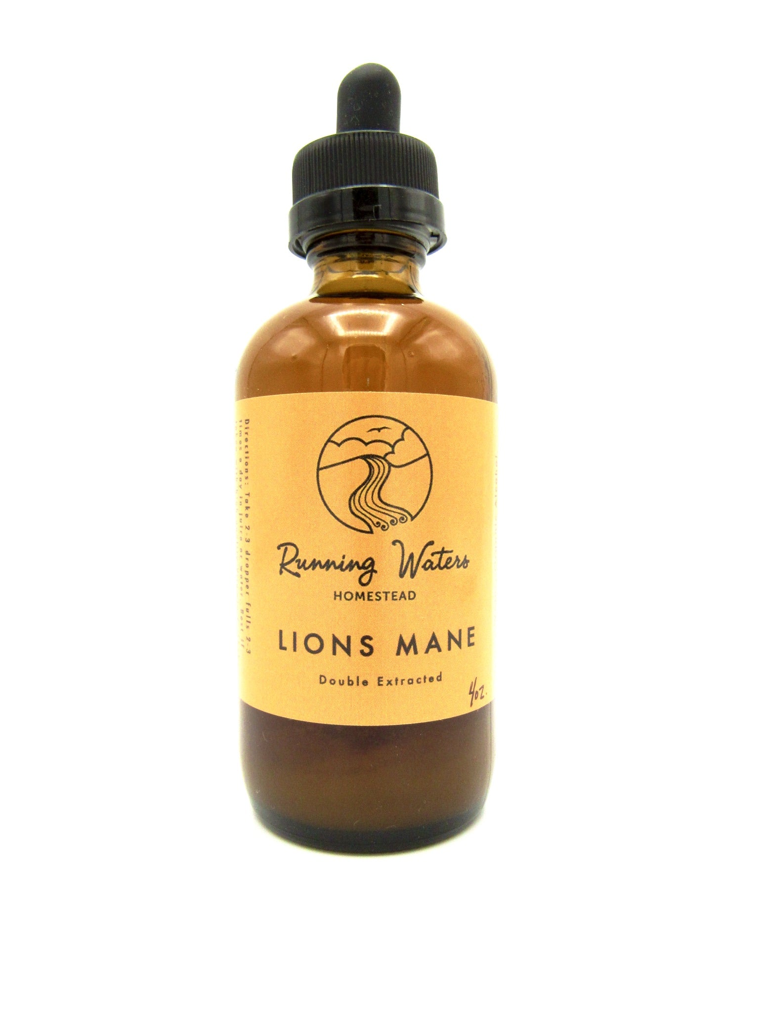 A bottle of Running Waters Homestead Lions Mane mushroom tincture with a dropper cap.