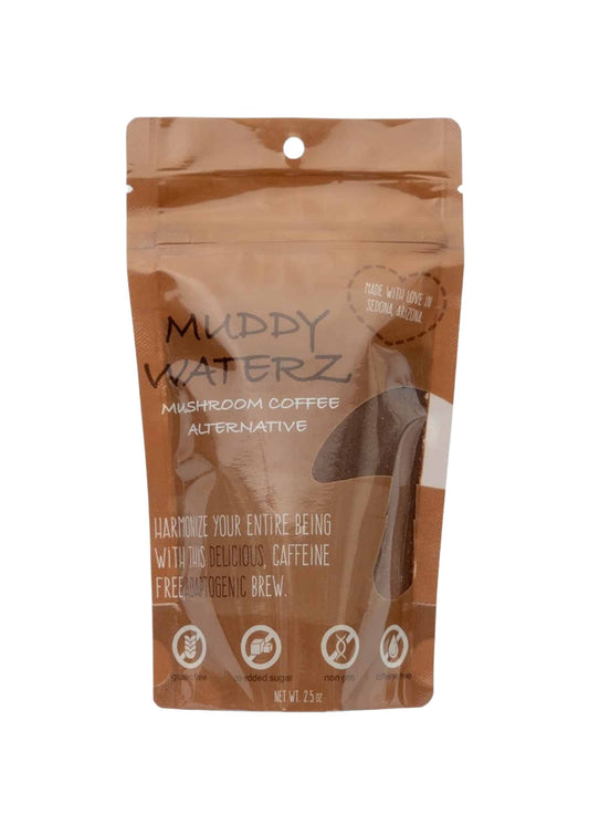 Packaged product of Muddy Waterz Mushroom Coffee Alternative, showing a brown bag with product name and branding.