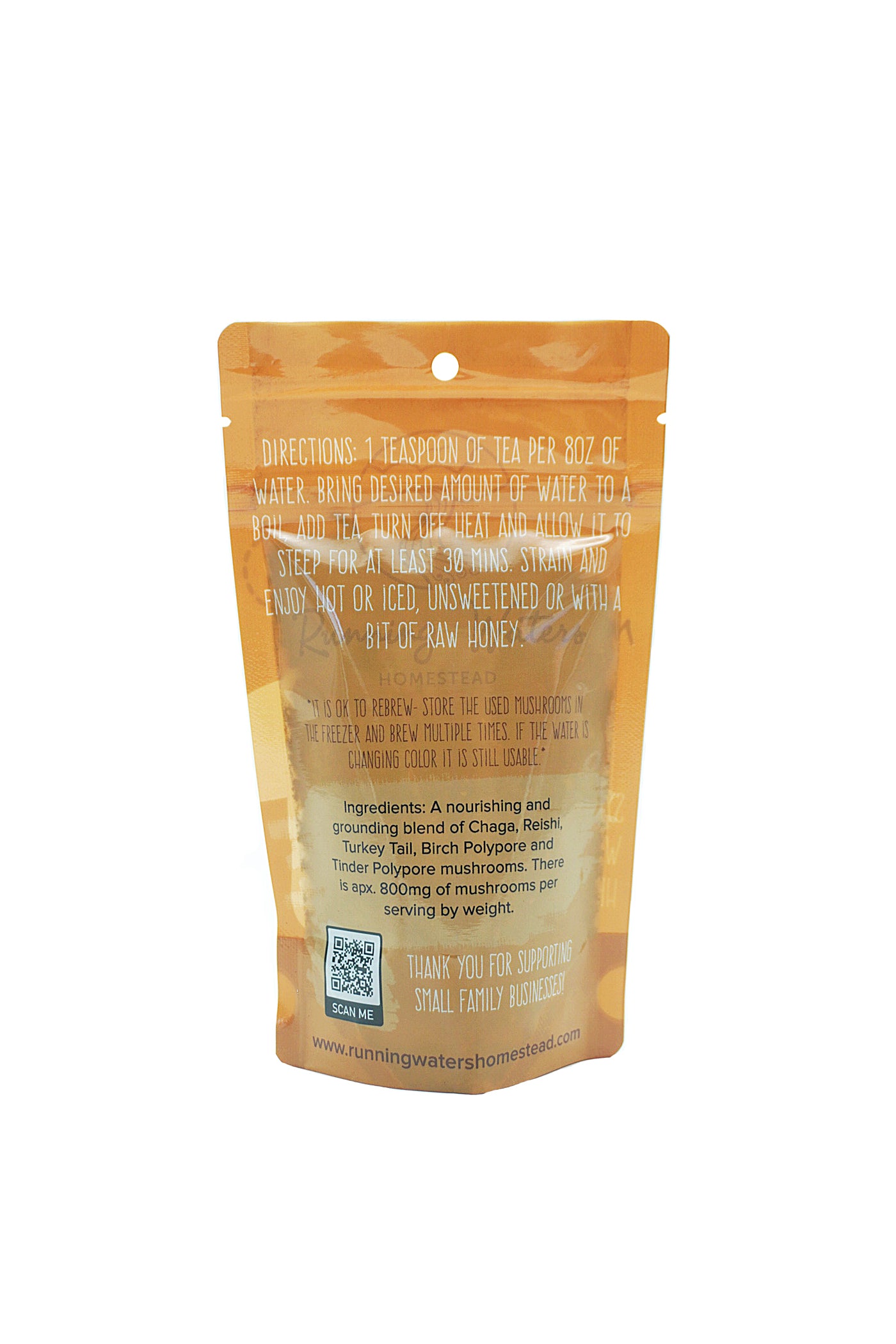 Orange packaging with text and QR code on a white background