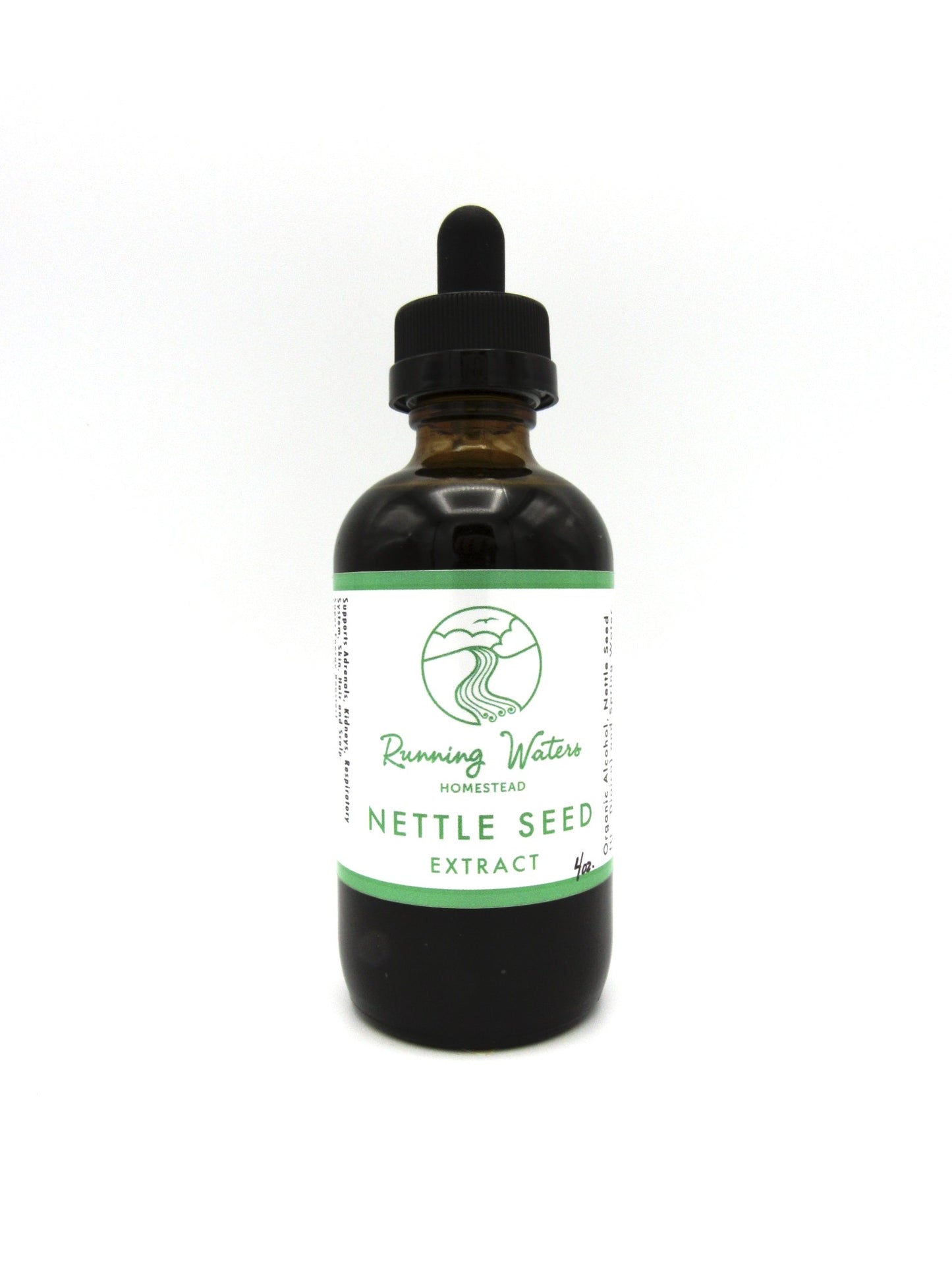 A bottle of Nettle Seed Extract with a label that reads 'Running Water Herbs'.