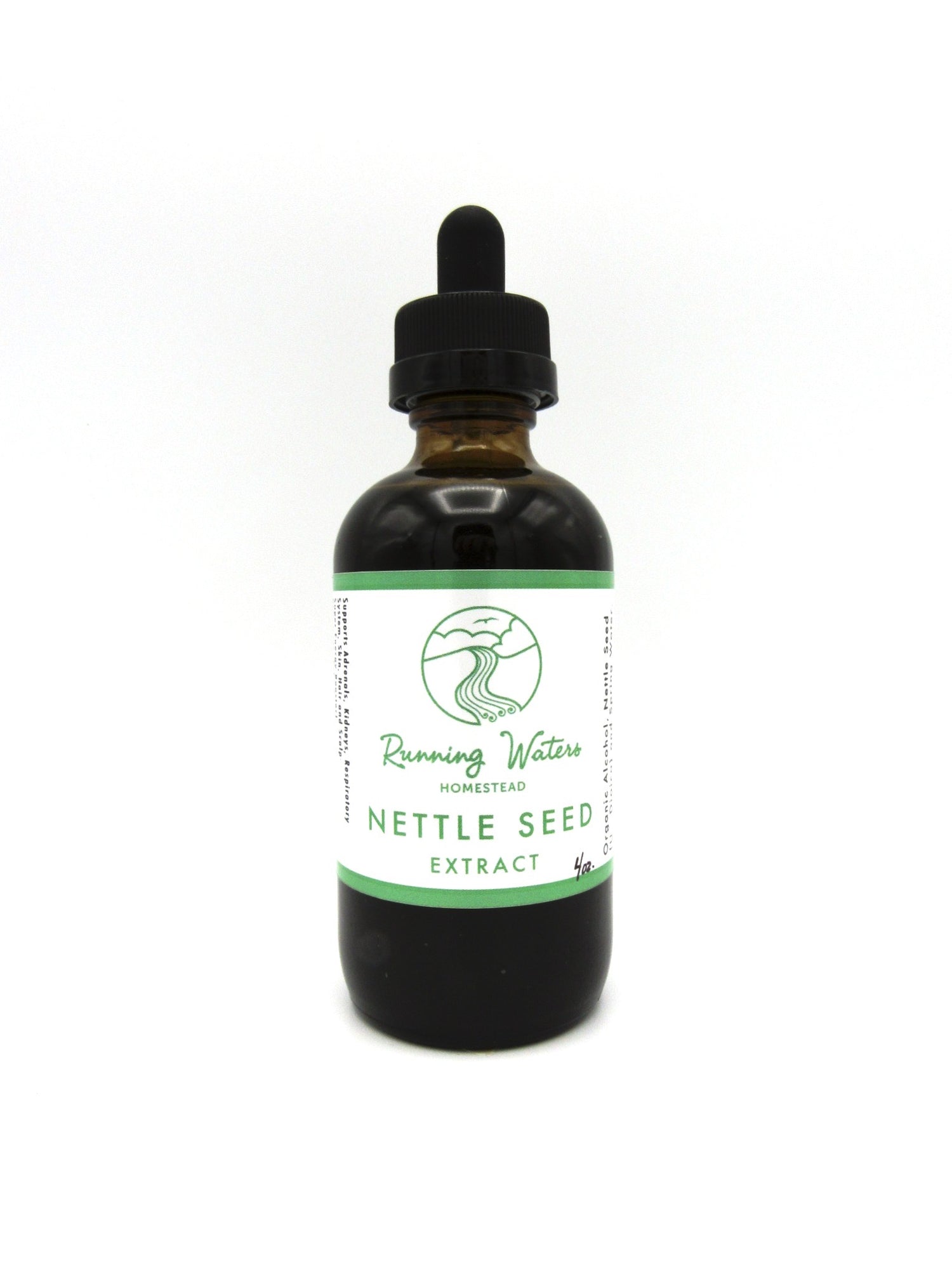 A bottle of Nettle Seed Extract with a label that reads 'Running Water Herbs'.