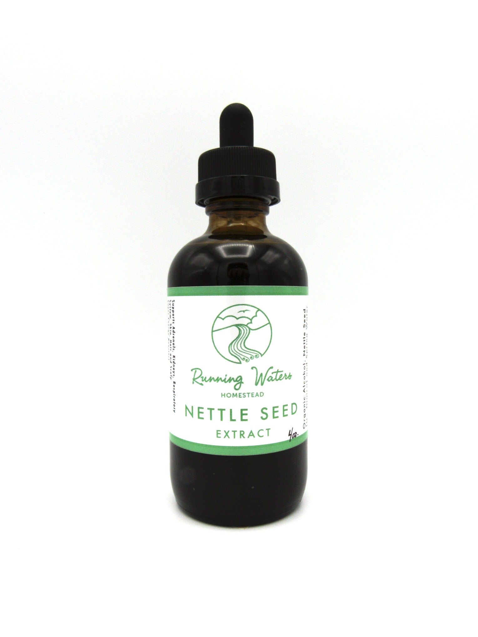 A bottle of Nettle Seed Extract with a label that reads 'Running Water Herbs'.