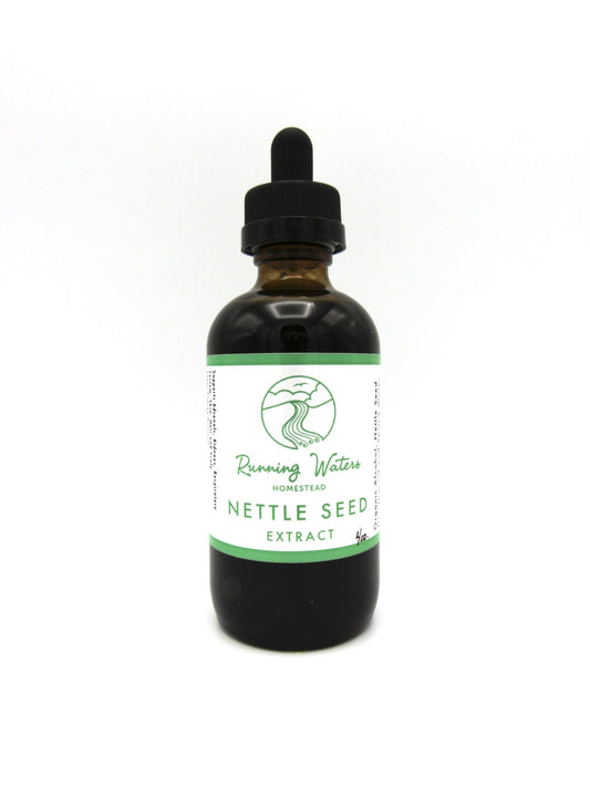 A bottle of Nettle Seed Extract with a label that reads 'Running Water Herbs'.