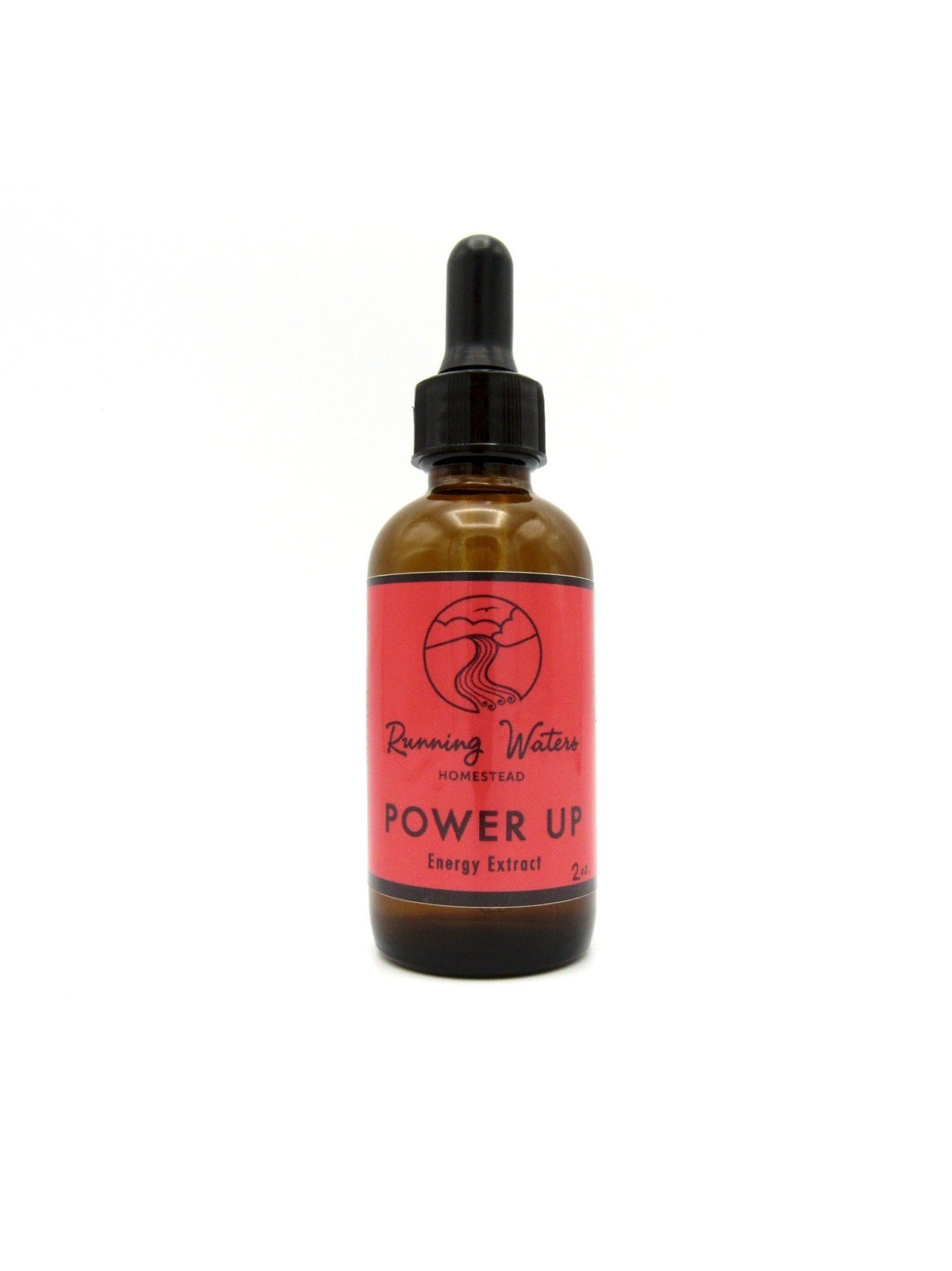 A bottle of Power Up 1oz All Natural Energy Enhancement, with a dropper, label shows red and black text with the brand name and product title.