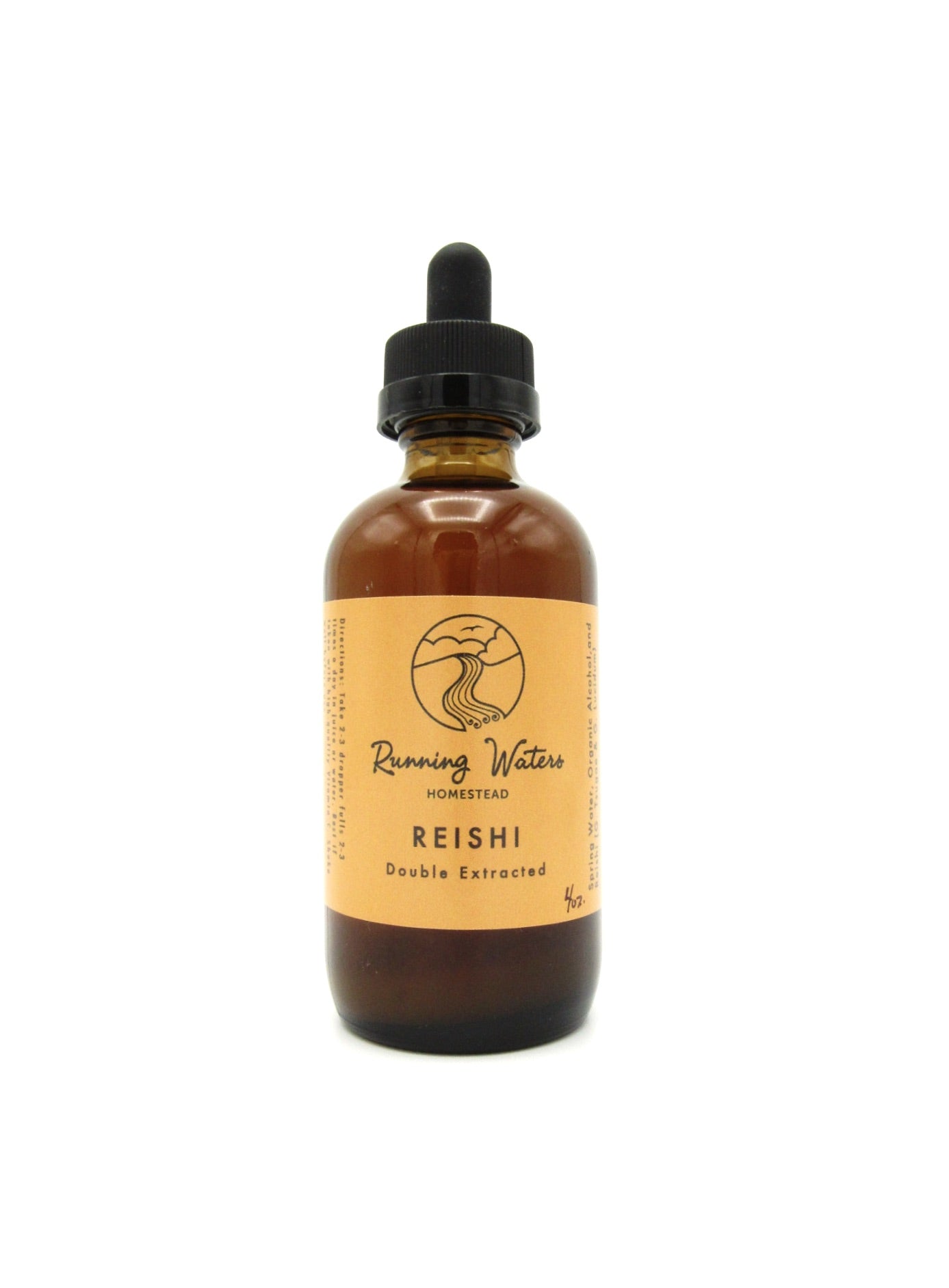 A bottle of Double Extracted Reishi Mushroom Tincture with a dropper, labeled with the brand and product name.