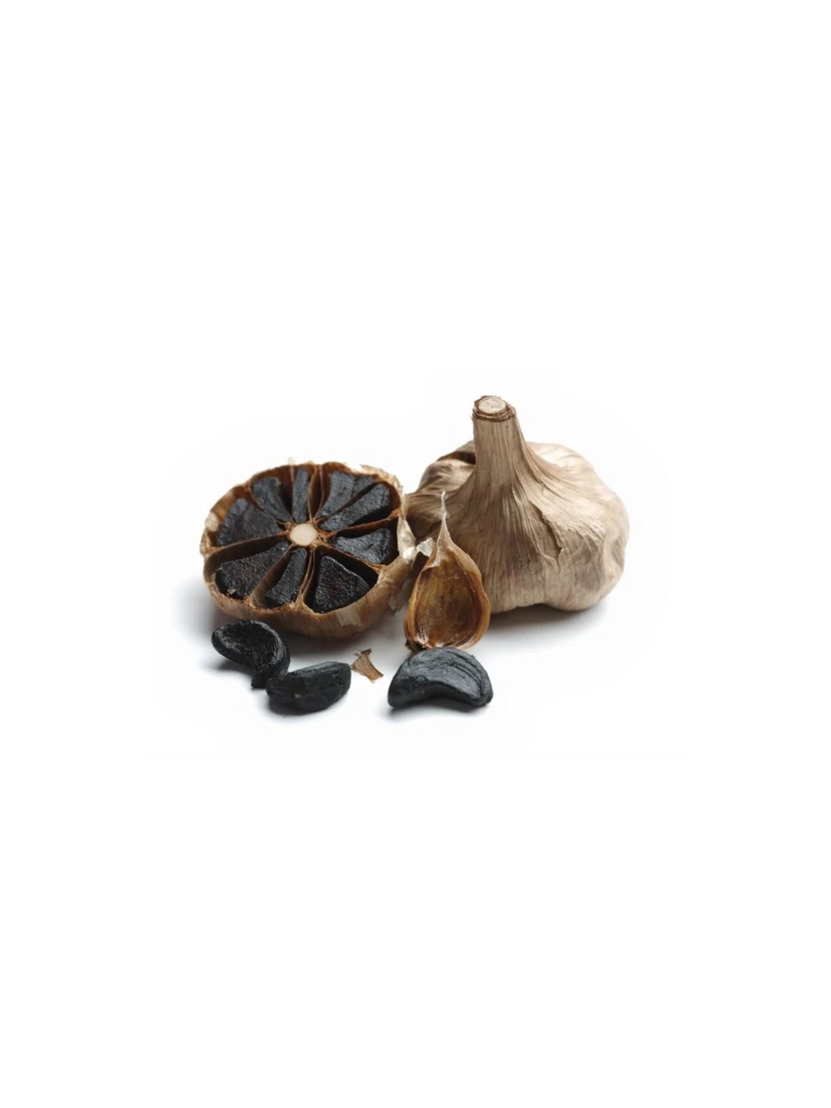 A garlic bulb, a halved dried garlic bulb showing dark brown to black cloves, and a few loose dark garlic cloves arranged on a clean white background.