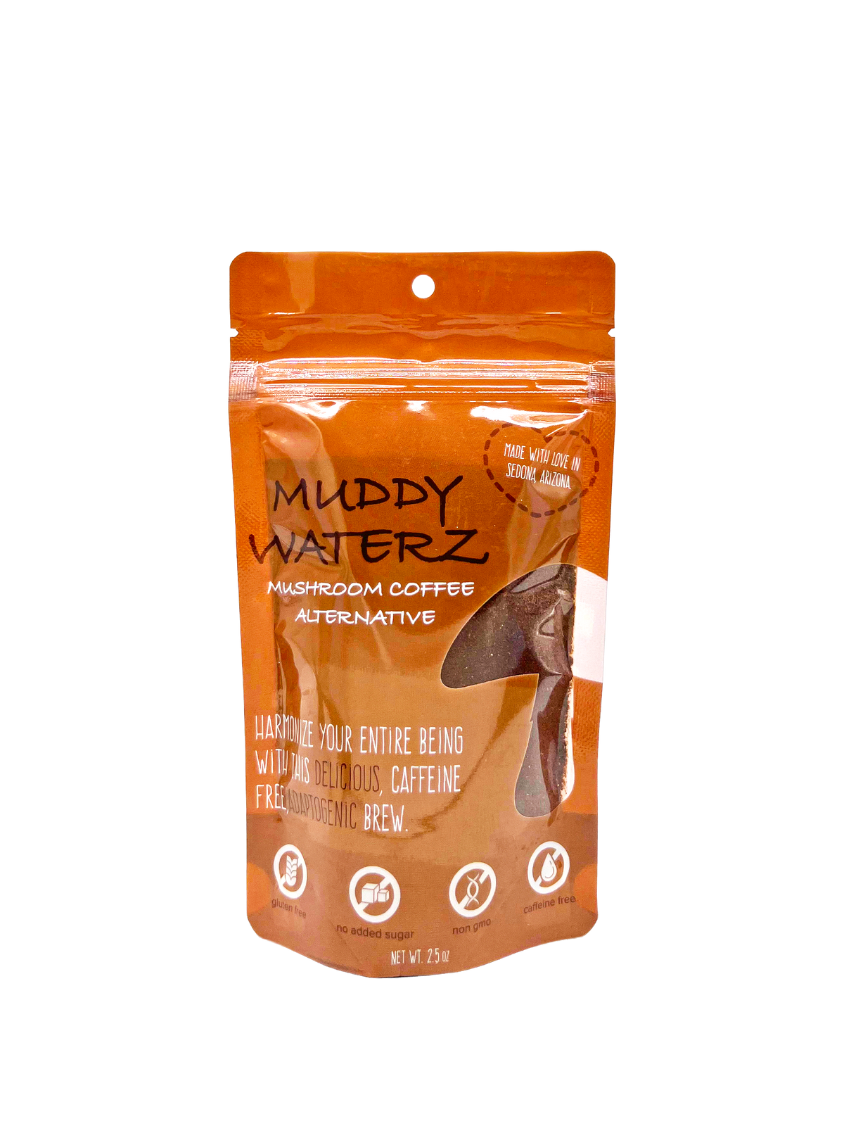 An orange resealable pouch of Muddy Waterz Mushroom Coffee Alternative, featuring a clear window showing the brown coffee inside, set against a plain white background.