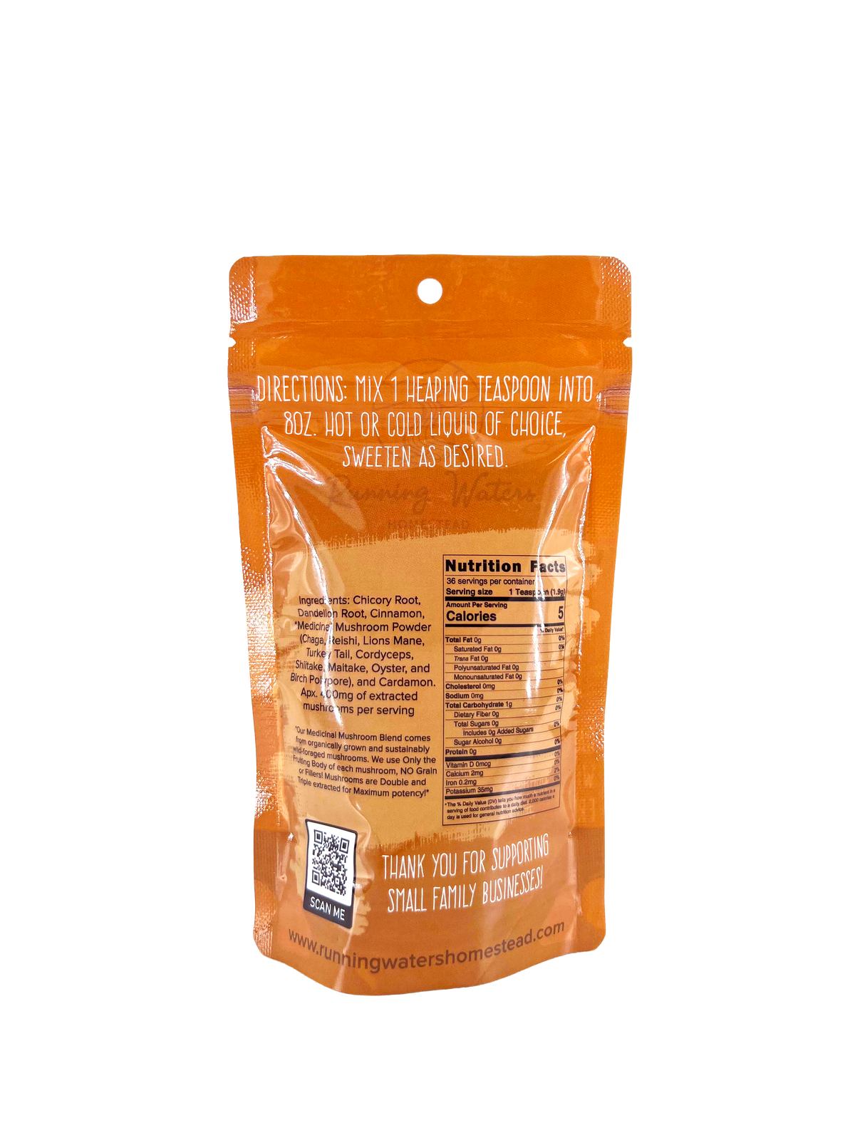 An orange resealable stand-up pouch shown from the back on a plain white background, with printed directions, nutrition facts, a QR code, and small branding text near the bottom.