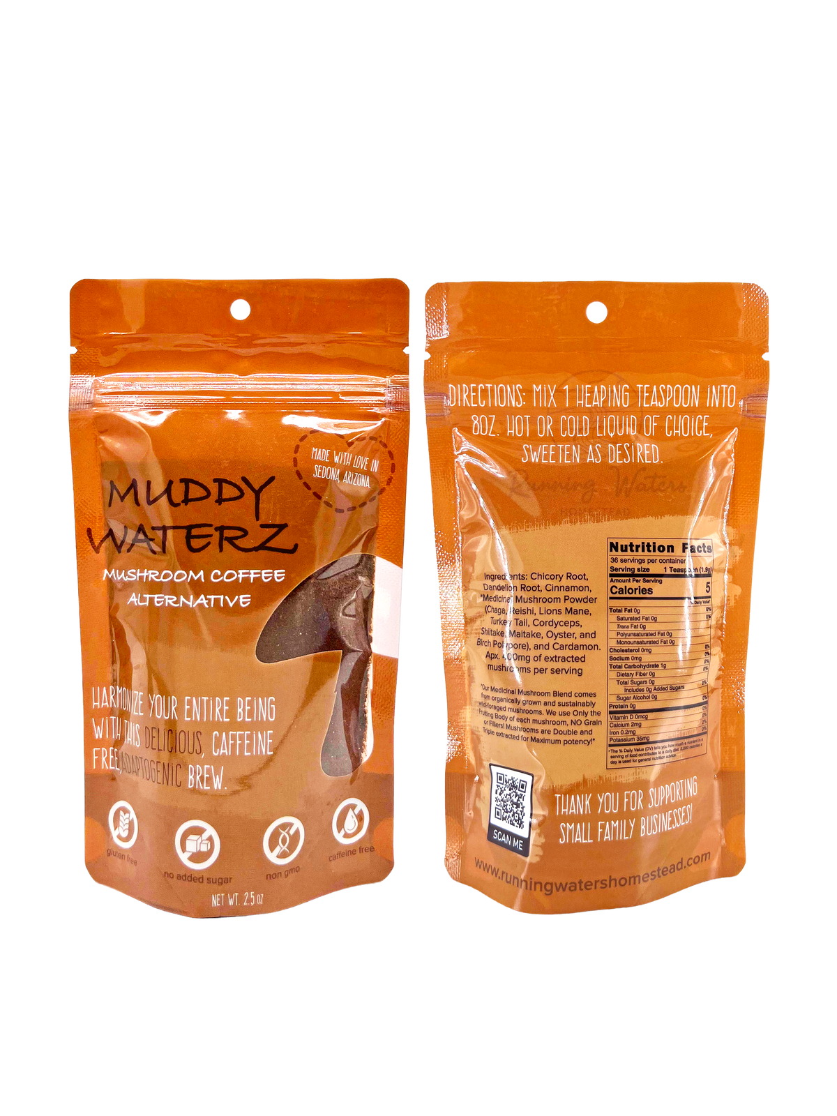 Two orange stand-up pouches of Muddy Waterz Mushroom Coffee Alternative shown front and back on a plain white background.