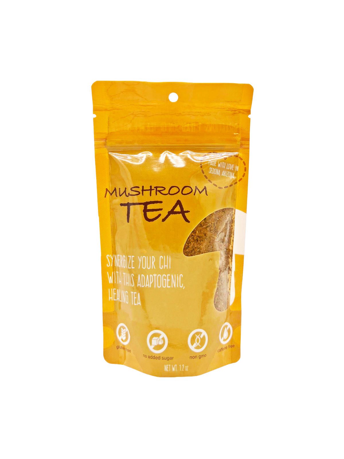 A stand-up pouch of Mushroom Tea herbal supplement on a plain white background. The packaging is a warm golden yellow-orange color with black text and a clear window showing the tea inside.