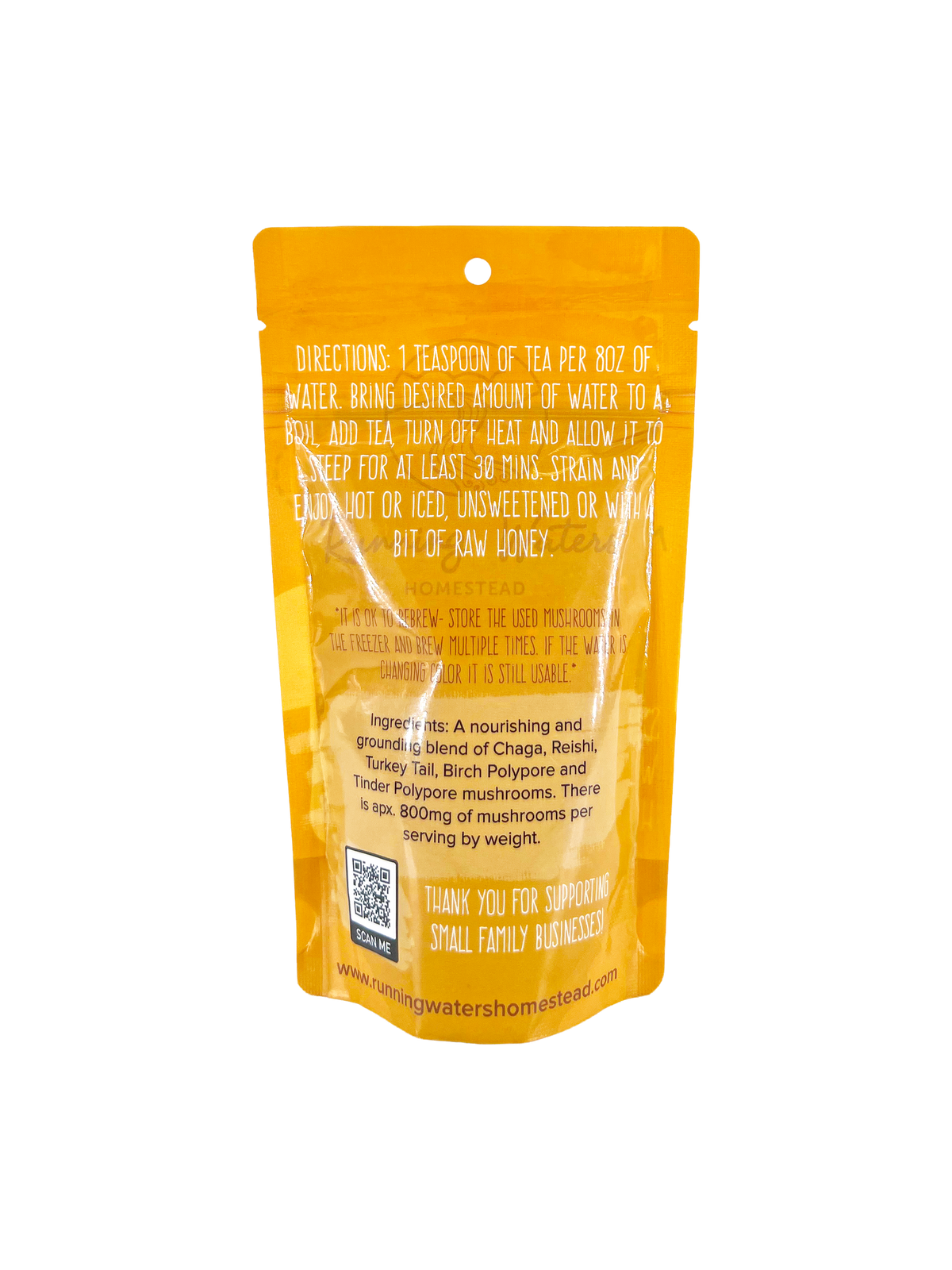 The back of a bright yellow-orange resealable stand-up pouch package, showing white printed directions, ingredients, and a QR code on a plain white background.