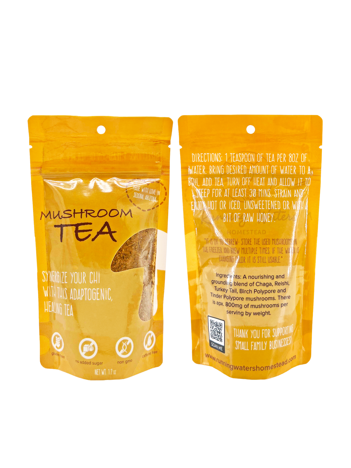 Two stand-up pouches of mushroom tea shown front and back on a plain white background. The packaging is bright yellow-orange with black text and a clear window revealing brown tea inside.