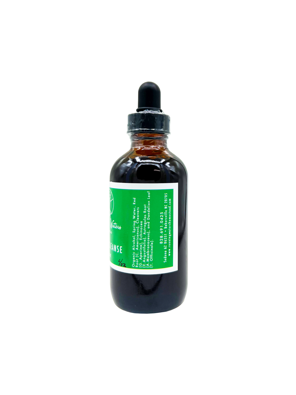 An amber glass dropper bottle with a black rubber bulb cap and a green and white label, shown against a plain white background.