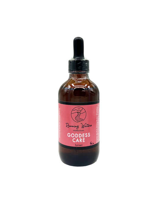 An amber glass dropper bottle with a pink label reading 'Running Water' and 'GODDESS CARE' on a plain white background.