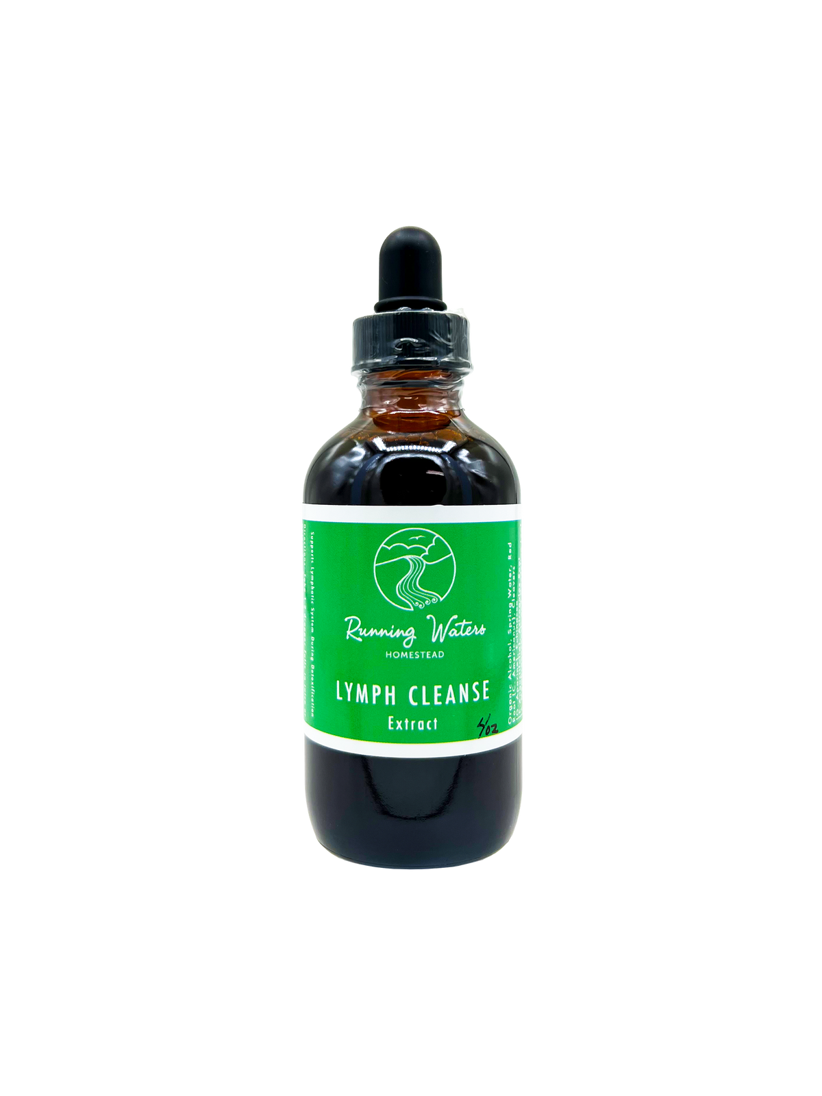 An amber glass dropper bottle of Running Waters Lymph Cleanse Extract with a green label and black dropper cap, centered on a plain white background.
