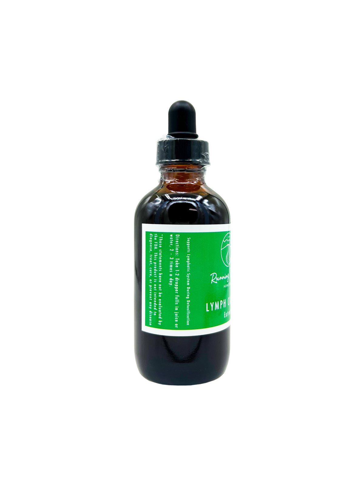 An amber glass dropper bottle with a black cap and a green and white label, containing a dark liquid, isolated on a white background.