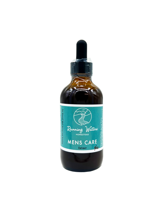 An amber glass dropper bottle of Running Water Homestead Mens Care Extract, featuring a teal label and black dropper cap, set against a plain white background.