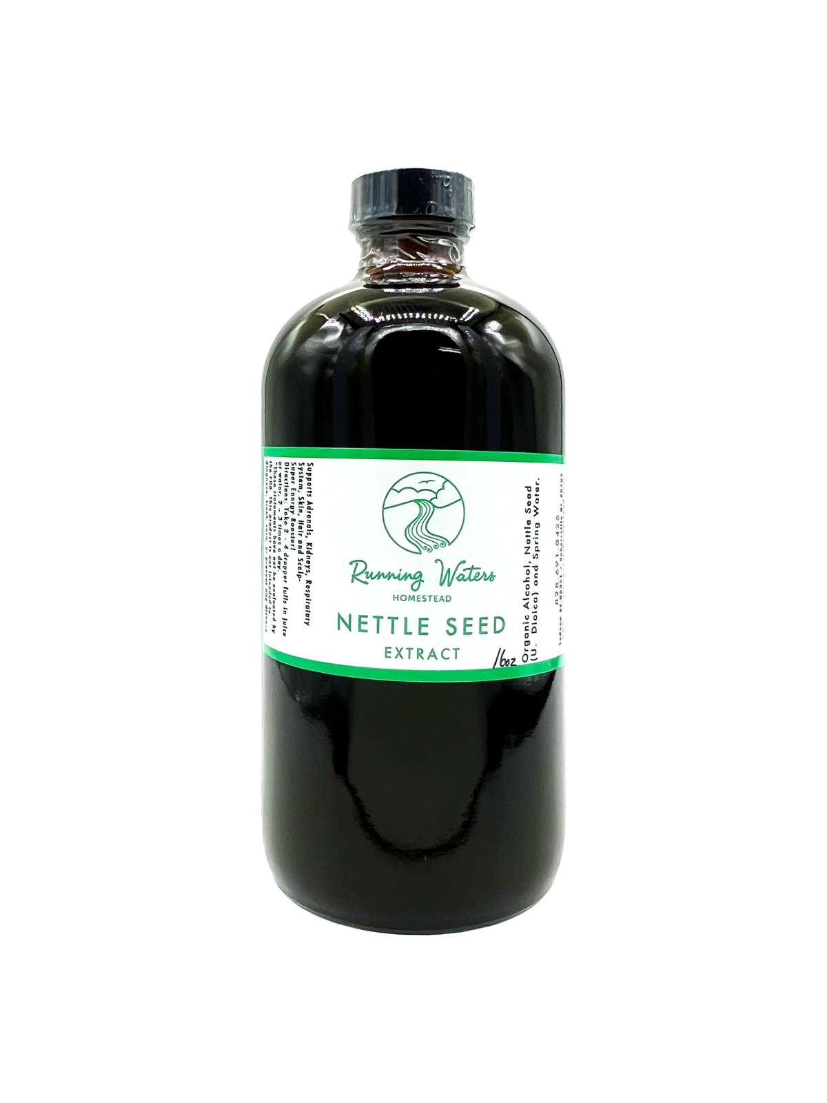 A dark glass bottle of Running Waters Homestead Nettle Seed Extract with a black cap and a white label with green accents, set against a plain white background.