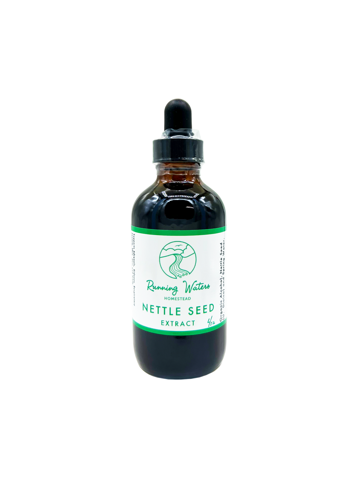 An amber glass dropper bottle of Running Water Herbs Nettle Seed Extract, featuring a white label with green text and logo, and a black dropper cap, set against a plain white background.