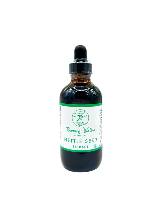 An amber glass dropper bottle of Running Water Herbs Nettle Seed Extract, featuring a white label with green text and logo, and a black dropper cap, set against a plain white background.