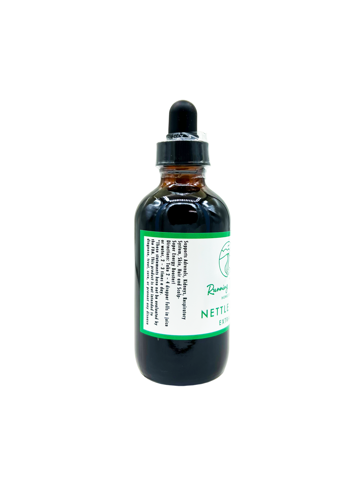 An amber glass dropper bottle containing a dark liquid, featuring a white label with green borders and text, and a black rubber dropper cap, set against a plain white background.