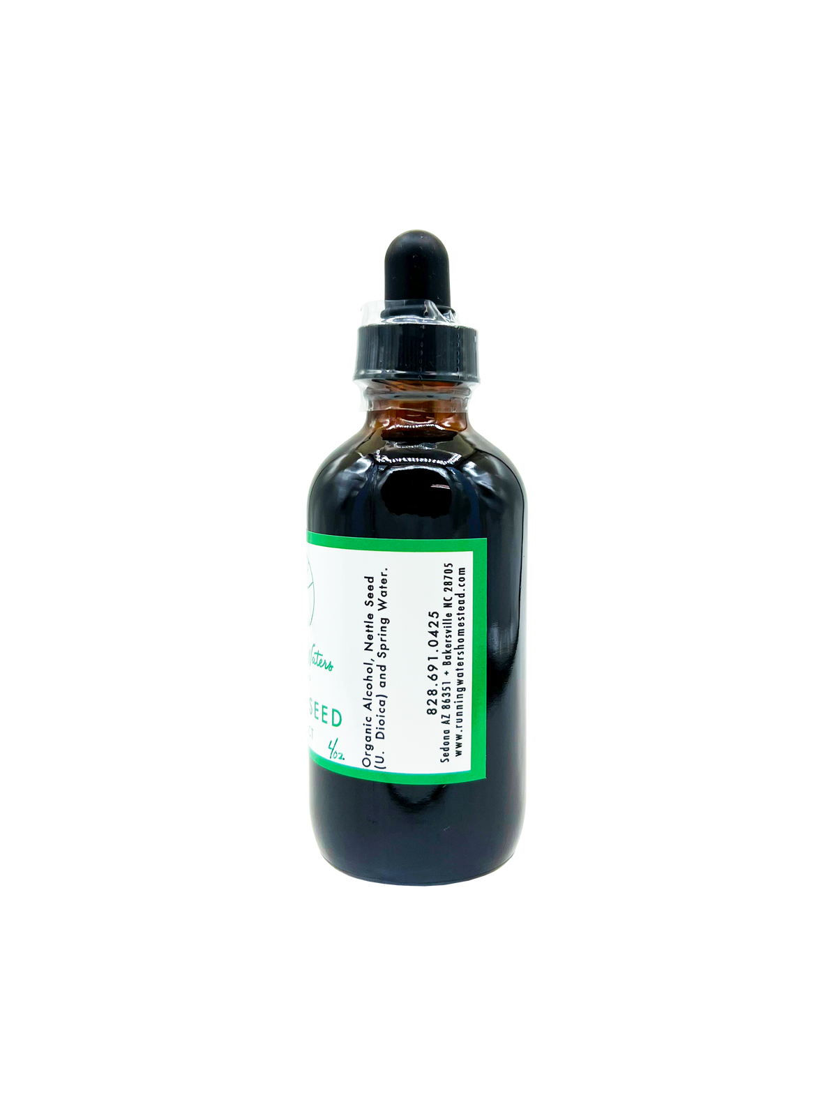 An amber glass dropper bottle containing a dark liquid, featuring a white label with green borders and black text, complete with a black rubber dropper cap, set against a plain white background.