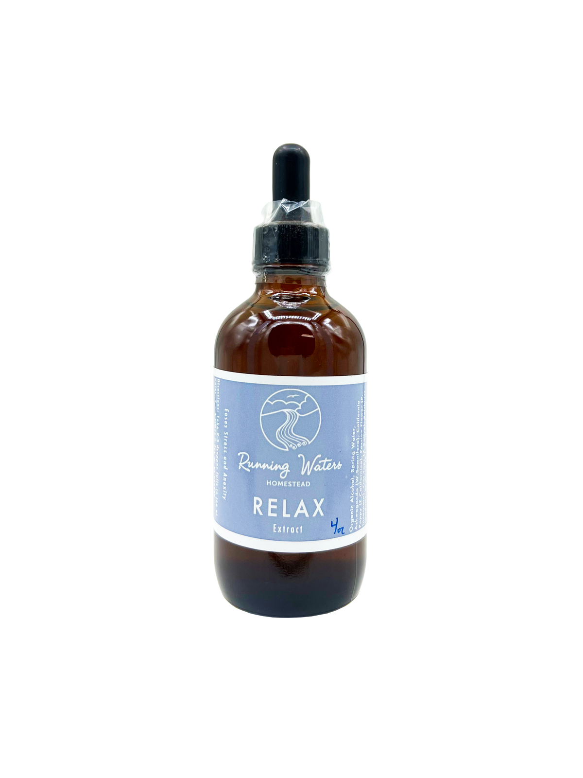 An amber glass dropper bottle of Ramming Water Herbalist Relax Extract with a light blue label and black dropper cap, isolated on a white background.