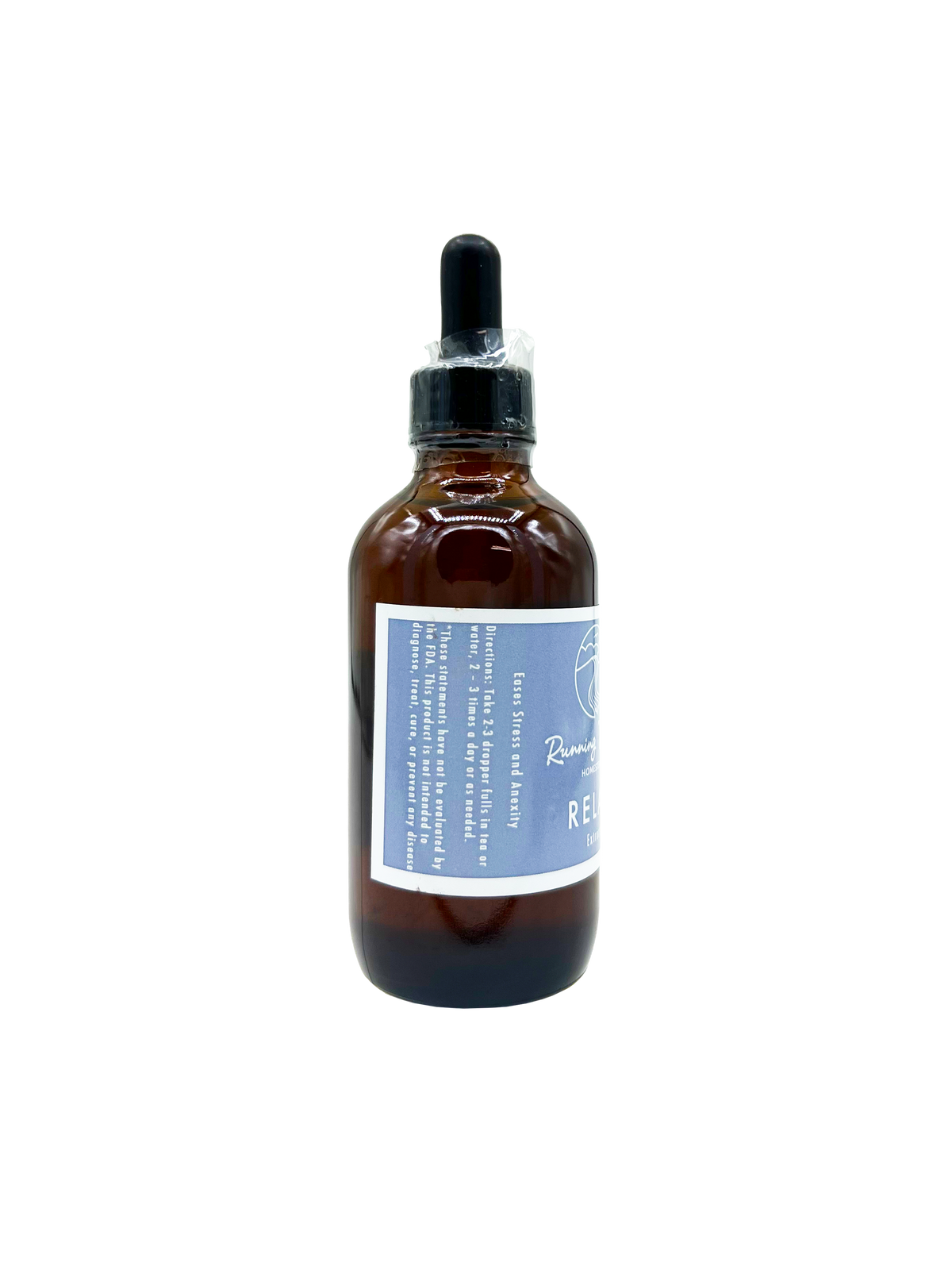 An amber glass dropper bottle with a black rubber and plastic dropper cap, featuring a light blue and white label. The label has text including 'Rumors' and 'RELAX'.