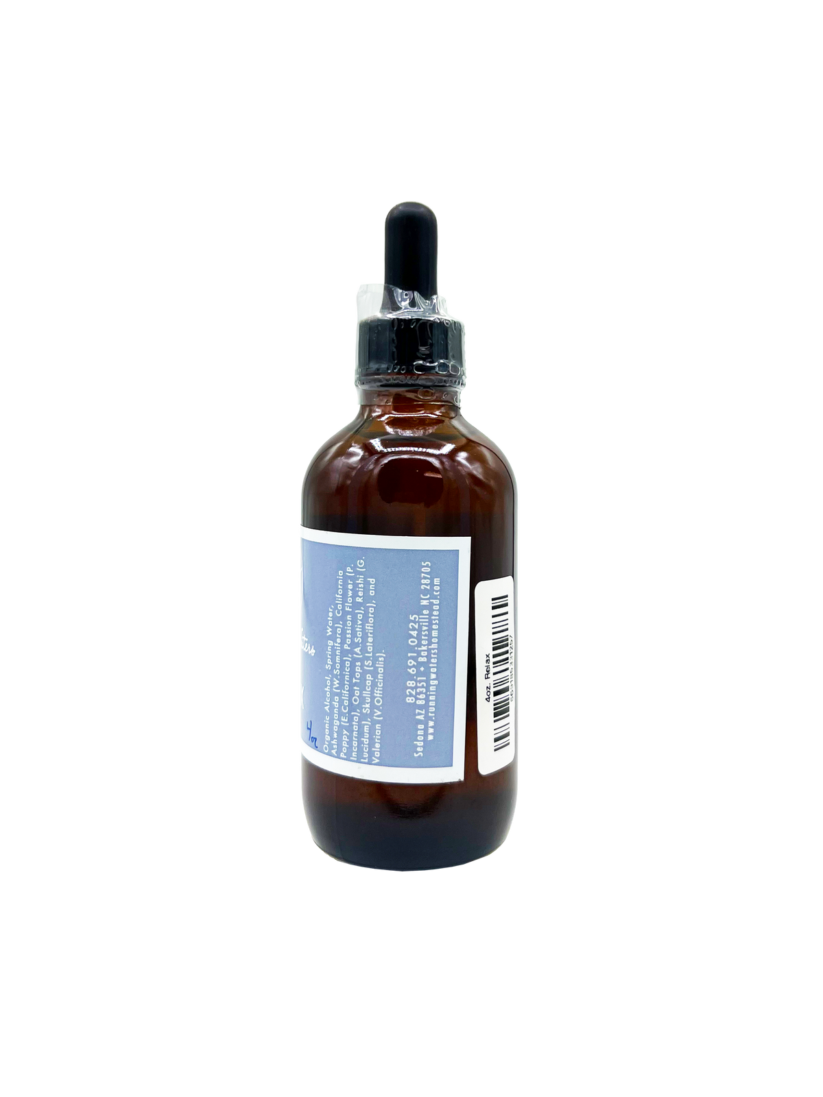 An amber glass dropper bottle with a black rubber and plastic dropper top, featuring a light blue label with white text and a barcode on the side, isolated on a white background.