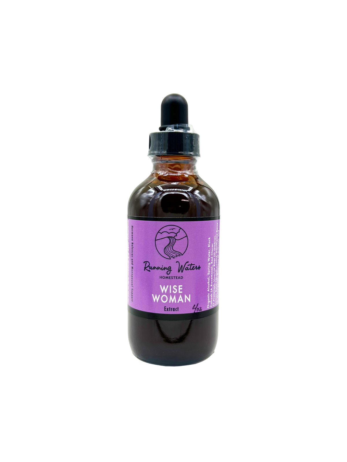 A dark amber glass dropper bottle with a black dropper cap and a purple label reading 'Running Water' and 'WISE WOMAN Extract'.