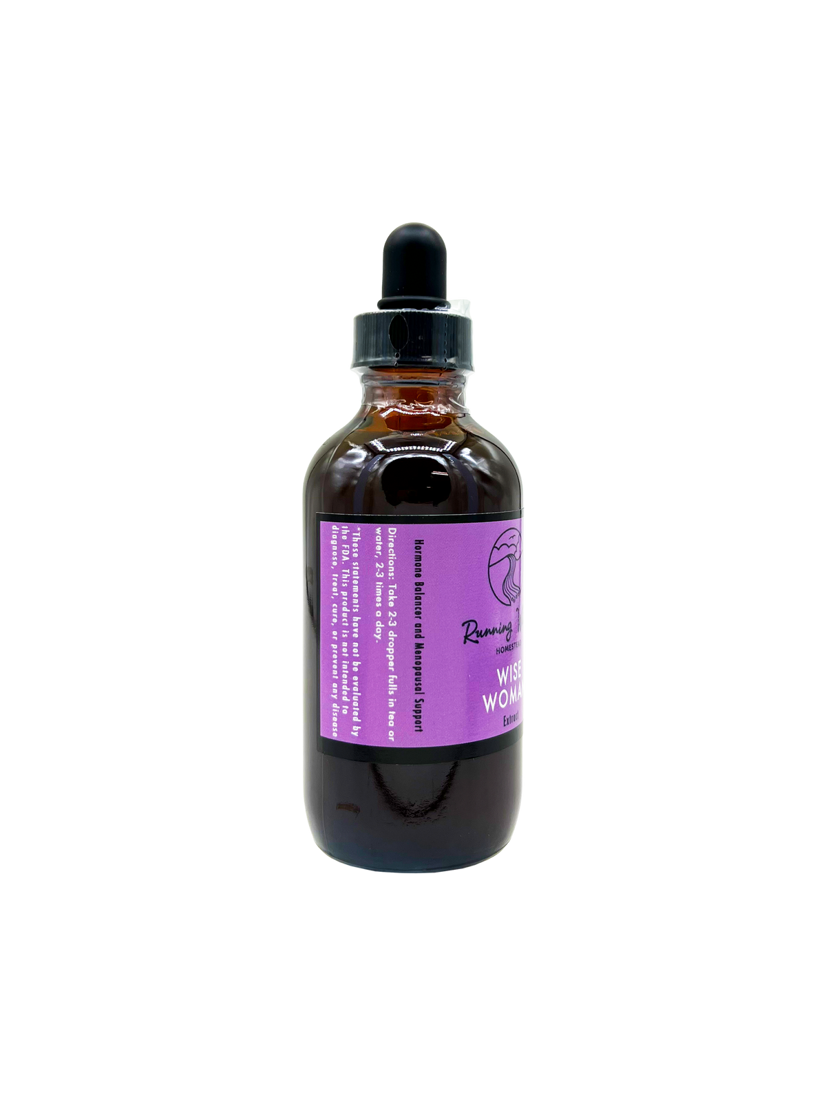 An amber glass dropper bottle with a black rubber bulb and a purple label, shown against a plain white background.